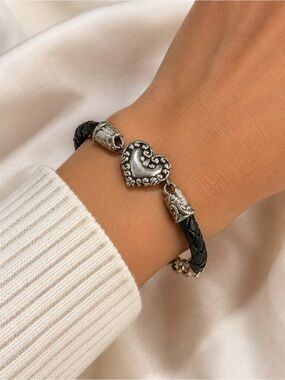 Brighton Black Braided Leather Bracelet with Ornate Silver Heart